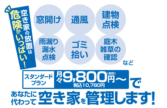 スタンダードプラン月々9,800円(税別)～であなたに代わって空き家を管理します！